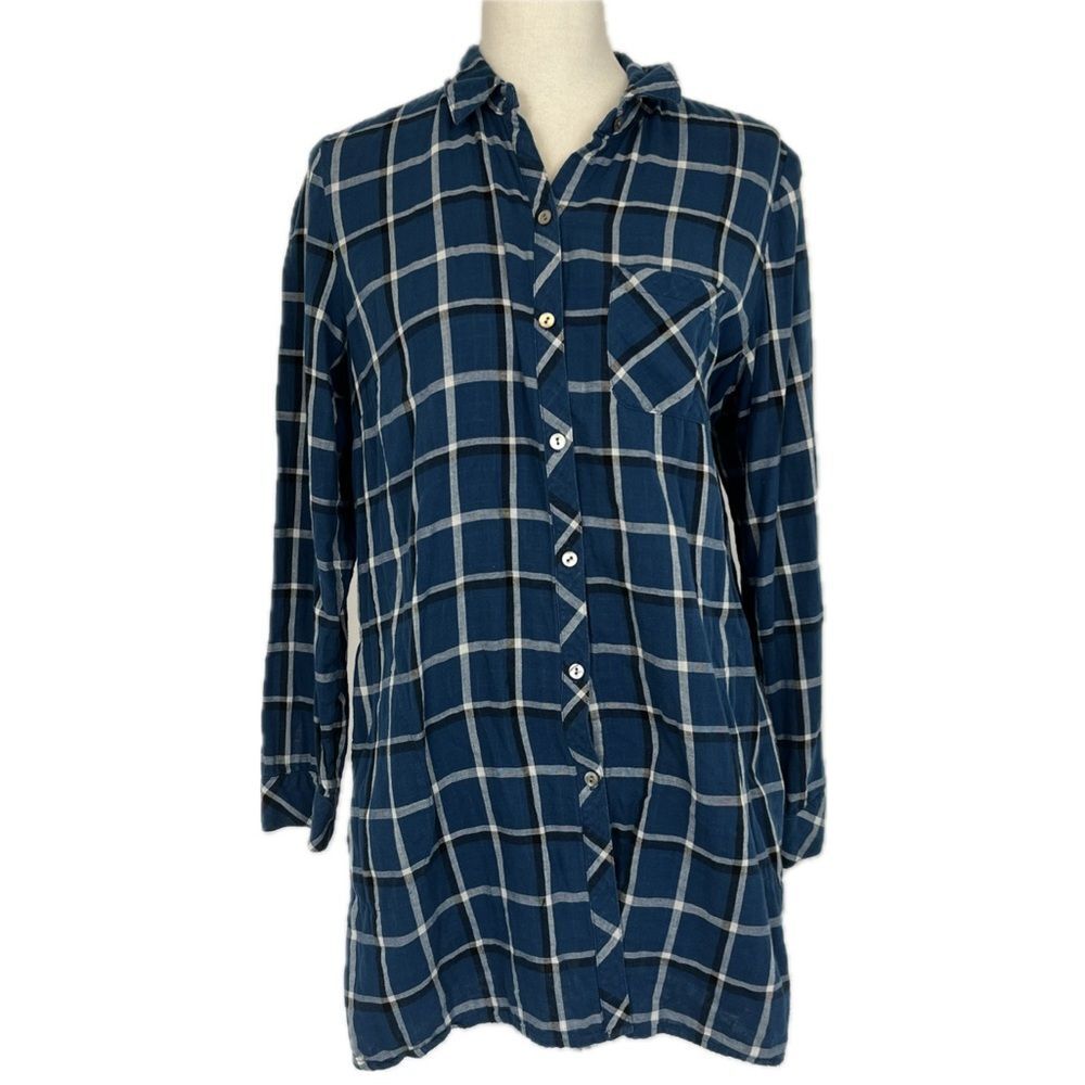 J.Jill Windowpane Double Cloth Tunic Flannel Shirt Size M Blue Layers Cozy